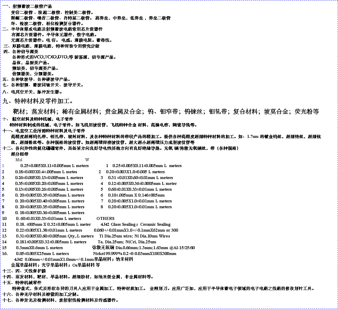 ı: һƵ΢ܲƷ         ݶ Խܡܡ                                                           ޷ܡܡФػܡ ݣݣ ݶ        첨ܣλ⸴뵼弯ɵ·Ƶ΢·оƬ    ԴоƬ뵼Ԫֵ·        ԴоƬ ݡ СĤ衣΢ߡ Ĥ·Ĥ·ַװרùܿǶ ġźԴ         ʽVCO,TCXO,DTO, ԴźԴƷ         壬Ʒ         Ƶ࣬źԴƷ         Ƶ࣬Ƶࡣ塢ӲƷߡƵ΢ͬῪءءˡտأ巢šֲϼӹ       вģϣϡнϣϽ١խ˿ϲϣĪϽӫ۵ʮ ղϼֻе        ֲƳɵĻеɻòƹܣɻֺϽ ϣµݣմɵߵȡʮһչҵֲϼ         ߾ȳϣֲϵĴ״Ʒľӹṩָ߾ȳϸֲϵļӹ磺1.7um Ķƽ˿ϸ˿ϸ        ˿ϸ˿ȡֹĲƹܡ糬ںӲƹܣСѹͲƹܵʮԵĵ߱ĳõþԵȡ ͭ/ɢͭ˿ֹ                    Mol                                                     W1.              0.250.005X0.110.005mm L meters                1    0.250.005X0.110.005mm L  meters2          0.180.003X0.4.005mm L metes                    2     0.200.003X1.00.005 L meters3          0.260.005X0.130.005mm L meters                3     0.31 0.01X0.600.01mm L meters4          0.350.005X0.200.005mm L meters                4     0.120.005X0.360.0005mm L meter5          0.130.005X0.260.005mm L meters                5     0.600.01X0.330.01mm L meters6          0. 200.005X0.350.005mm L meters               6     0.10.005mm X 0.146005mm7          0. 200.005X0.400.005mm L meters               7     0.200.005X1.00.01mm L meters8          0. 200.005X0.350.005mm L meters               8     0.200.005X1.00.01mm L meters9          0. 180.005X0.360.005mm L meters                10         0. 600.01X0.330.01mm L meters              OTHERS11         0.18. 005mm X 0.320.005mm L meter         4J42 Glass SealingCeramic Sealing12         0.220.005X1.380.01mm L meters           0.060+/-0.01mmX1.0+/-0.1mmX62mm or 30013         0.310.005X0.600.005mm Qty,.L meters     Ti Dia.25um wire; Ni Dia.10um Wires14         0.1810.005X0.320.005mm L meters          Ta. Dia.25um; NiCri, Dia.25um15         0.3mmX0.6mm L meters                           ɢͭ Dia.0.66mm;1.3mm;1.63mm @Al-15/25/6016.        0.050.005X25mm L meters                      Nickel 99.999% 0.2+0-0.03mmX100X300mm           4J42  0.06mm+/-0.01mmX1.0mm+/-0.1mmϣײ                   ϣѧϣOs  ʮġ߱Ĥʮġϣвģϡϸ۲ģ׼ǽϵȡʮ塢ֻе         ʽʽ״ĵӦڽӹֲʼӹ  ջӦù㷺磬Ӧڰ뵼΢ĵӵ·֮·޸Ļ빤ߡʮֹѧϼ⾵ļӹơʮߡַ⼰ϣ߼ϼ